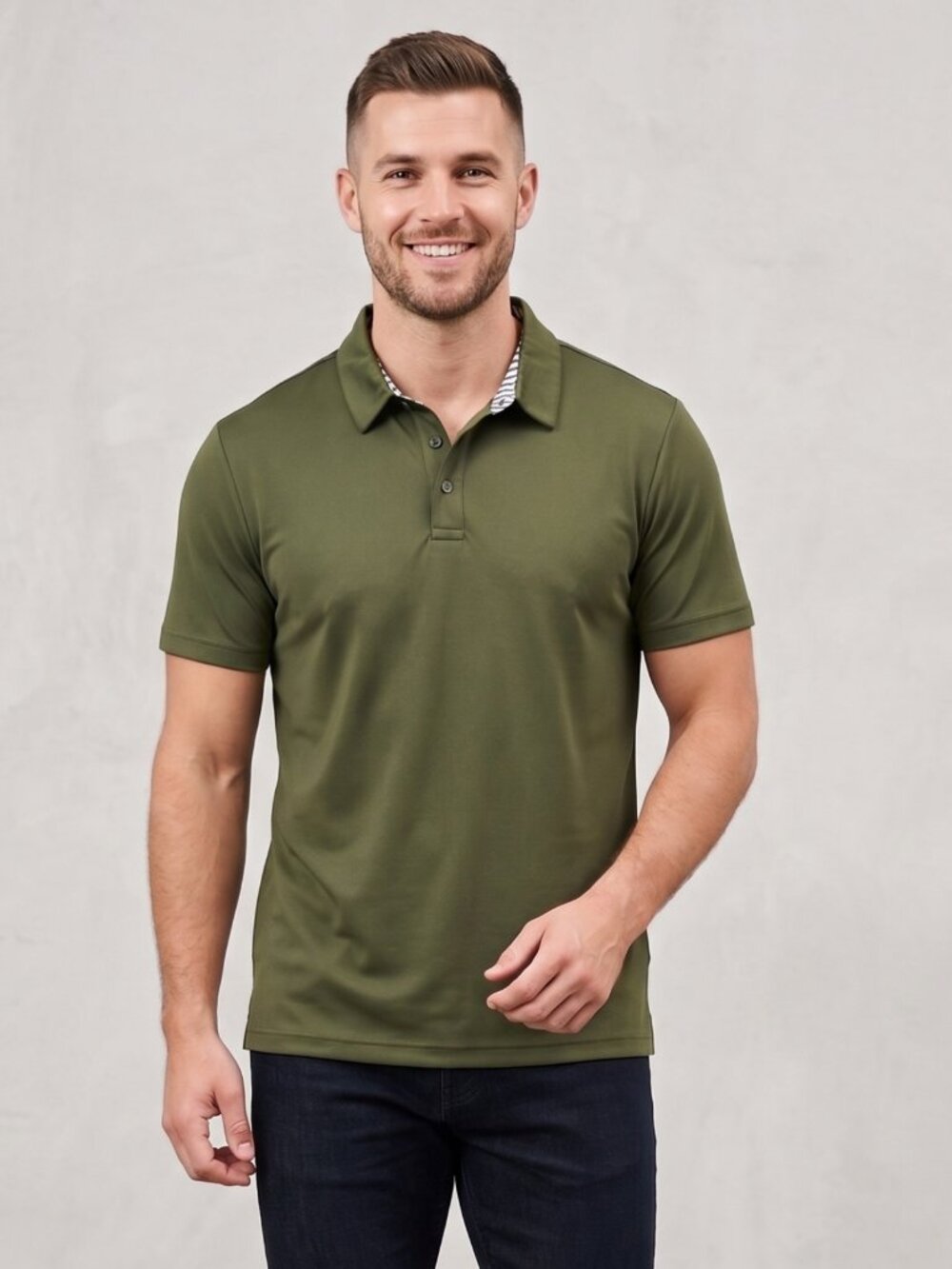 NWT NIASHOT Mens Olive Green Short Sleeve Golf Polo Shirt Striped Collar Medium
